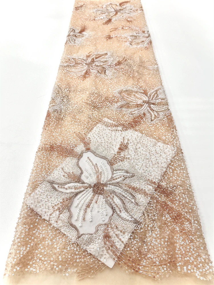 Hermosa tela de encaje de cuentas africanas de encaje de fiesta de lentejuelas nigerianas 2025 de alta calidad 5 yardas de tul francés africano encaje de red de boda