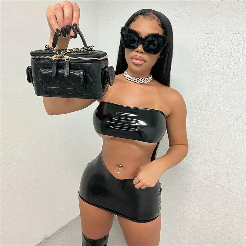 Sexy Leather Two Piece Dress Women Strapless Crop Top Wrap New In Dress Low Waist Street Outfit 2023 Female 2 Piece Skirt Set