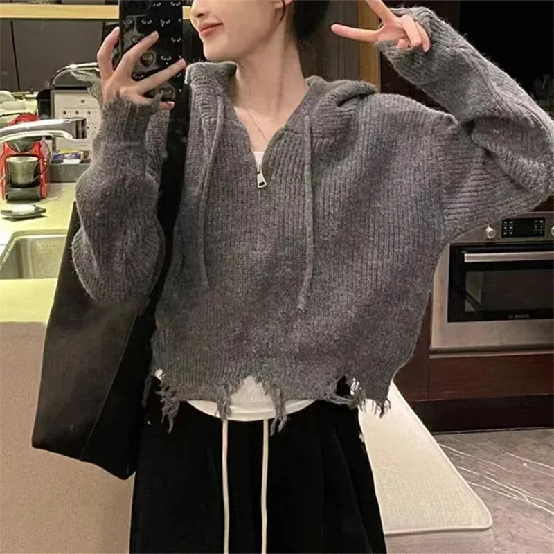 

Casual Style Coat Cardigan Women's Half Zipper Ripped Tassel Hooded Knitwear Pullover Sweater Korean Style Autumn Winter Lazy