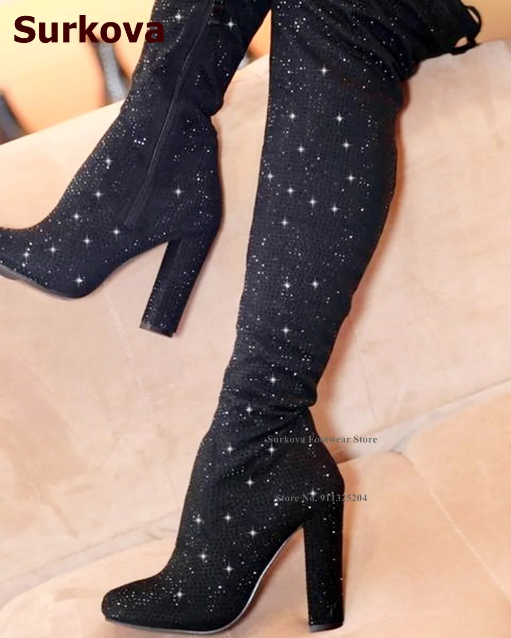 

Surkova Black Full Crystal Over The Knee Boots Chunky Heel Zipped Glittering Rhinestone Thigh High Boots Bling Bling Nightclub