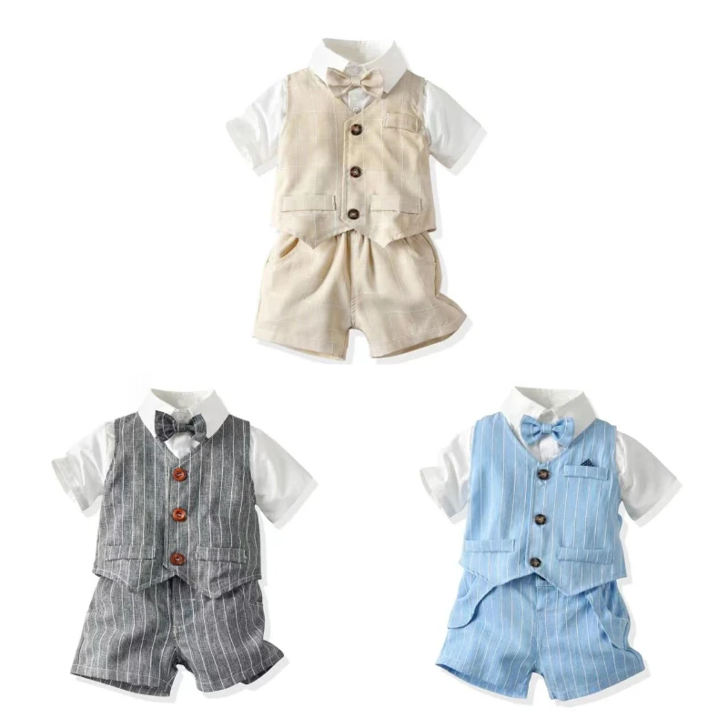 

Infant British Gentleman Outfit Baby Boys Clothes Suit Bow Tie Vest Top with Shorts Baptism Wedding Birthday Kids Costume Sets