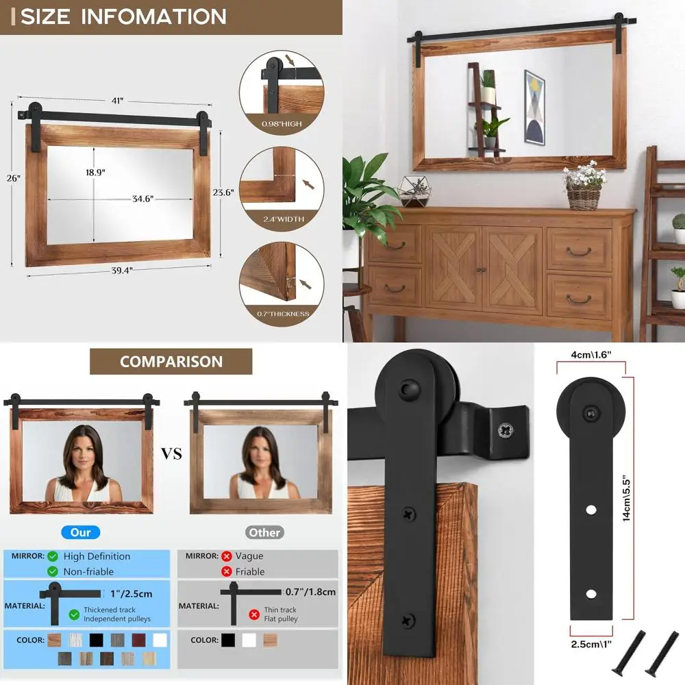 

Деревенское настенное зеркало в стиле амбарных дверей 41 x 26 дюймов для домашнего декора - подходит для ванной, гостиной, спальни (коричневое)