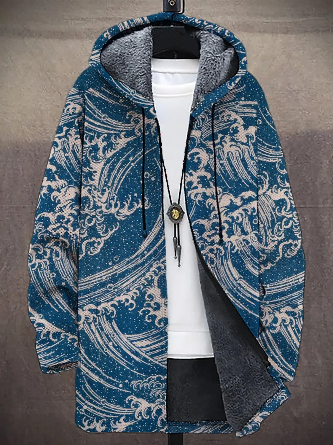 

Men's Great Wave Japanese Art Print Hooded Trench Coat Cardigan Hoodies Fleece Lined Zipper Coats
