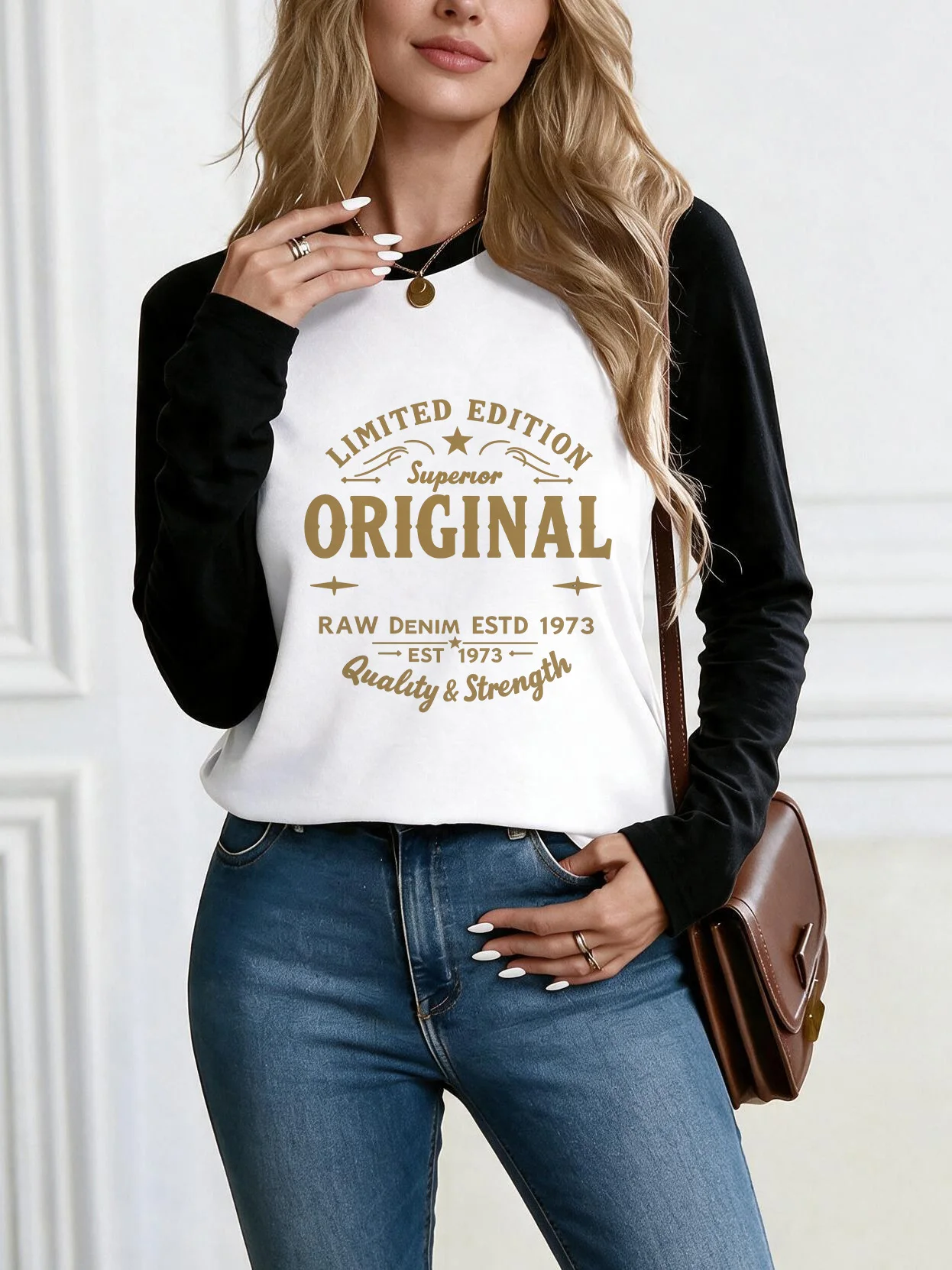 Limited Edition Premium Original Color Denim 1973 Founded Printed Raglan Long Sleeve T Shirt Women's Casual T-shirt Clothes Y2k