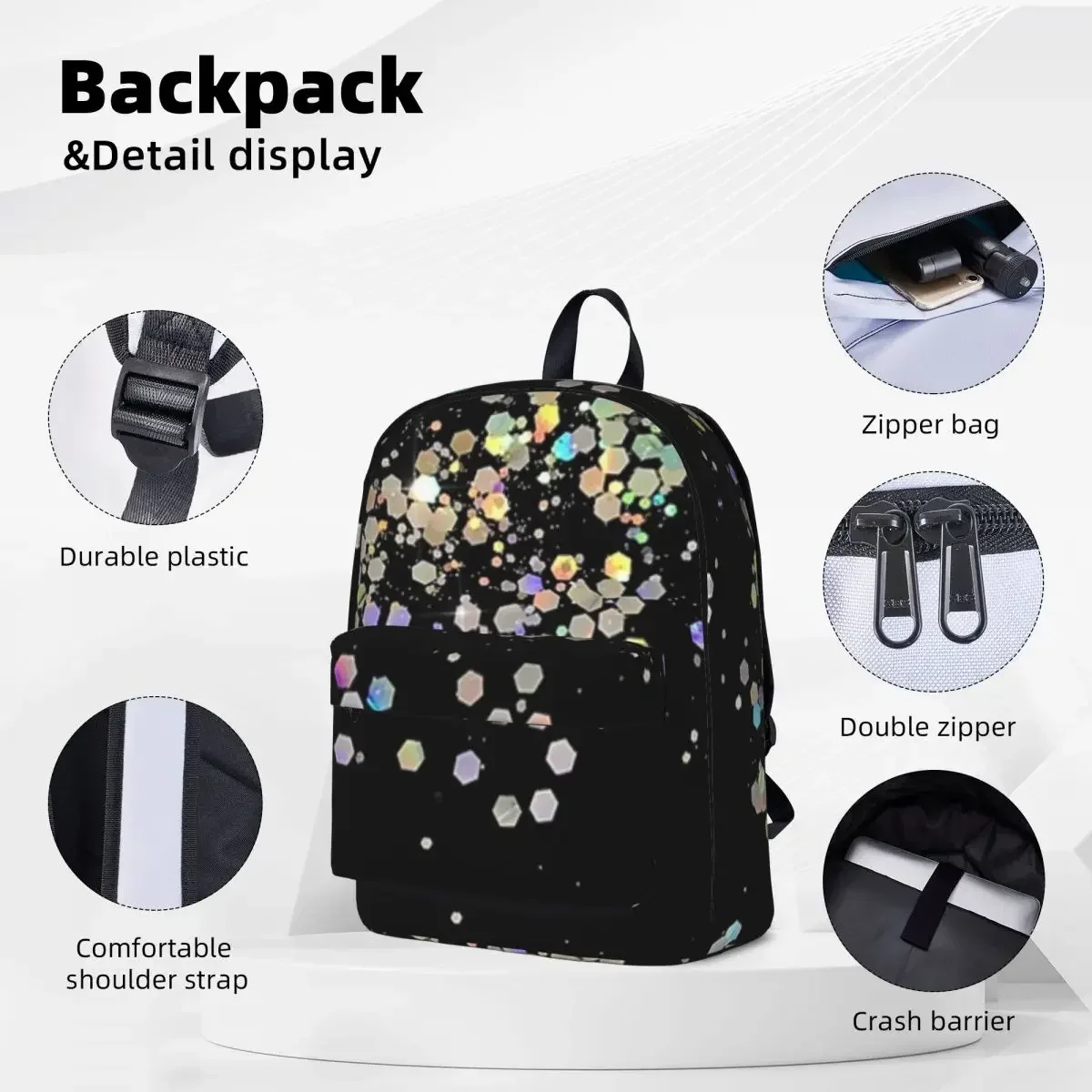 Black And Holographic Sparkle Woman Backpacks Boys Bookbag Casual Children School Bags Portability Laptop Rucksack Shoulder Bag