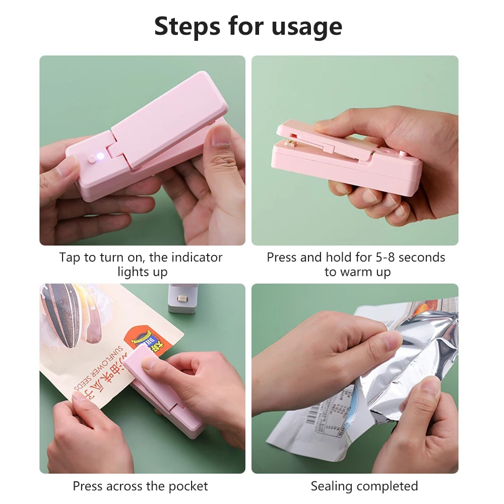 USB Mini Bag Sealer 2-in-1 Chargable Heat Sealers Rechargeable Handheld Vacuum Heat Sealers Cutter for Plastic Bag Storage Food