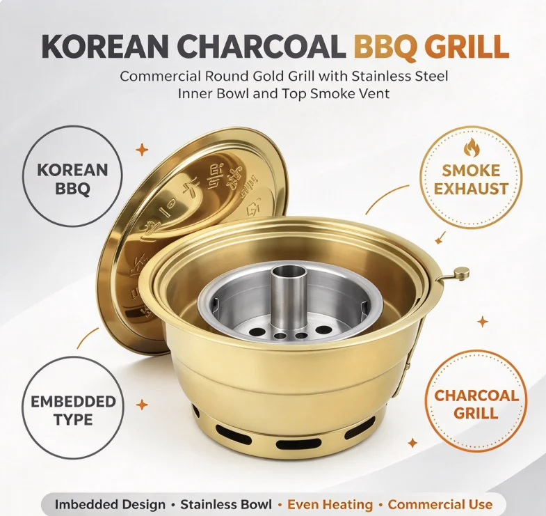 Korean BBQ Grill Commercial Smokeless Charcoal Stove Stainless Steel Gold Round Tabletop Barbecue Oven Built-in Carbon Roaster