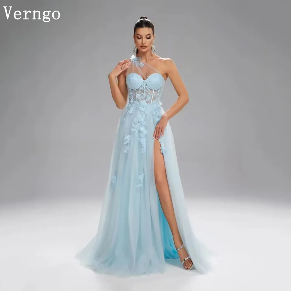 

Verngo Blue Tulle Appliques Evening Dress One Shoulder A Line Maxi Prom Dress Bridaemaid Party Gowns Customized