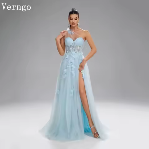 Verngo Blue Tulle Appliques Evening Dress One Shoulder A Line Maxi Prom Dress Bridaemaid Party Gowns Customized