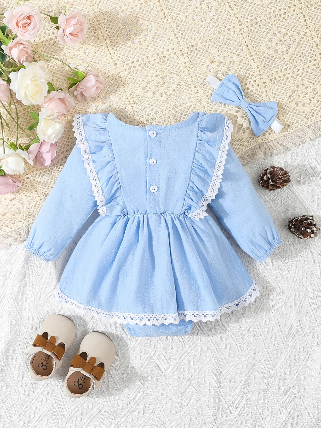 Baby Girl‘s Clothes 2Pcs Cute Lace Ruffled Long Sleeve Cotton Dress Headwear Toddler Girl\'s Clothing Outfit Set