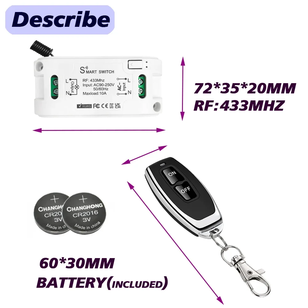 RF433.92Mhz Universal Wireless Remote Control Switch 110V 220V 230V 10A Relay Mini Receiver Remote Control for Gate LED Light