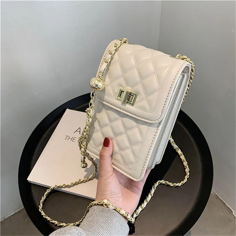 Korean Women Mobile Phone Bags Fashion Rhombus Chain Shoulder Bag Cross Body Cellphone Sling Bag Crossbody Purse Wallet Case