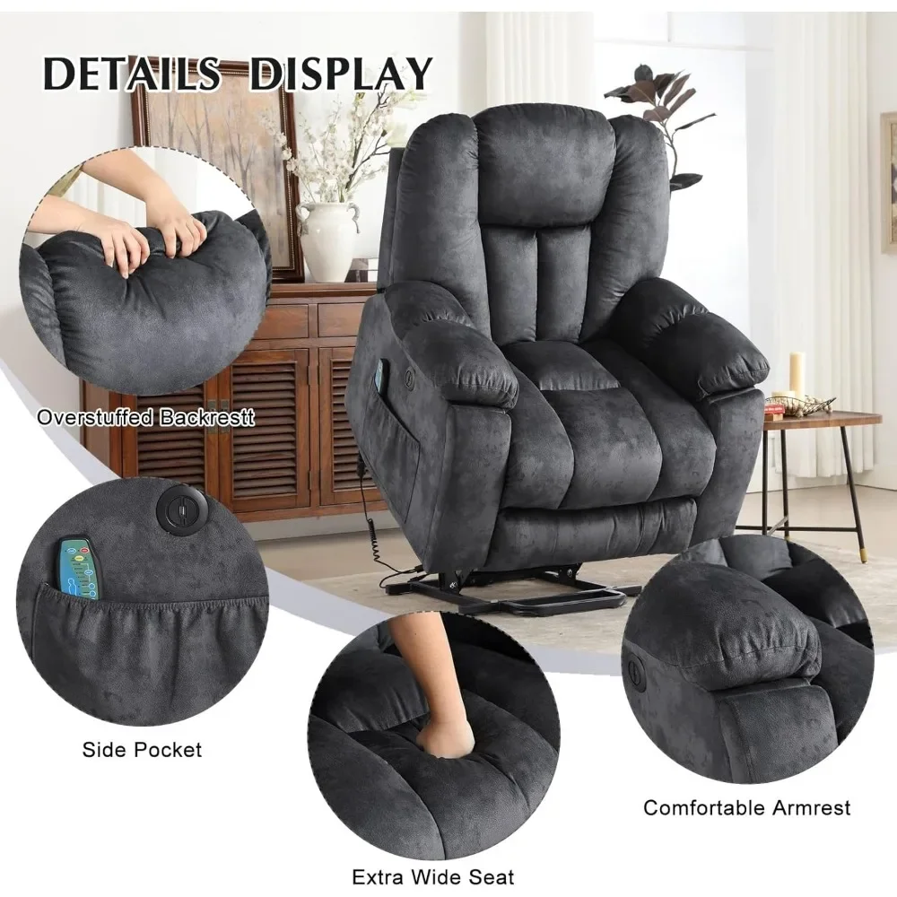 Large Power Lift Recliner Chair with Massage Heat USB Elderly Overstuffed Wide Recliners Heavy Duty and Safety Motion Reclining