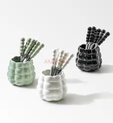Ceramic household stainless steel fruit skewers, snacks, forks, desserts, cake inserts, light luxury cans, high-end set