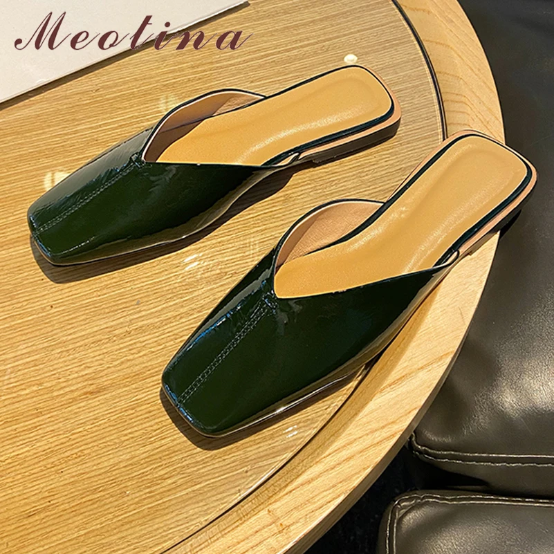 

Meotina Women Mules Square Toe Flats Sewing Shallow Concise Brand Design Ladies Fashion Casual Shoes Summer Green Gold 43