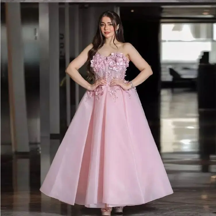 Pink Blue Appliques Flowers Organza Prom Dress 2024 Strapless Ankle-Lenght Party Gown for Women Quinceanera Dress Customized