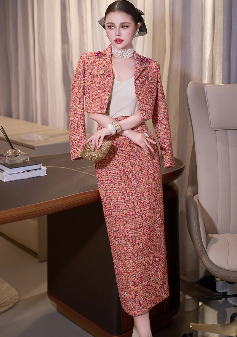 ZJYT Elegante luxe korte tweed wollen jas en lange rok 2-delige bijpassende set herfst winter 2025 damesoutfit feestpakken