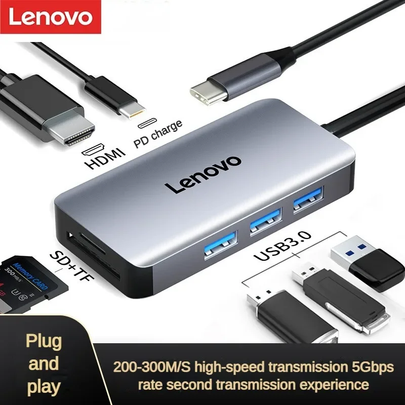 Lenovo LX0806G Type-C Docking Station USB Spliter Converter HDMI Adapter USB Expansion with PD Fast Charge SD/TF Reader Card