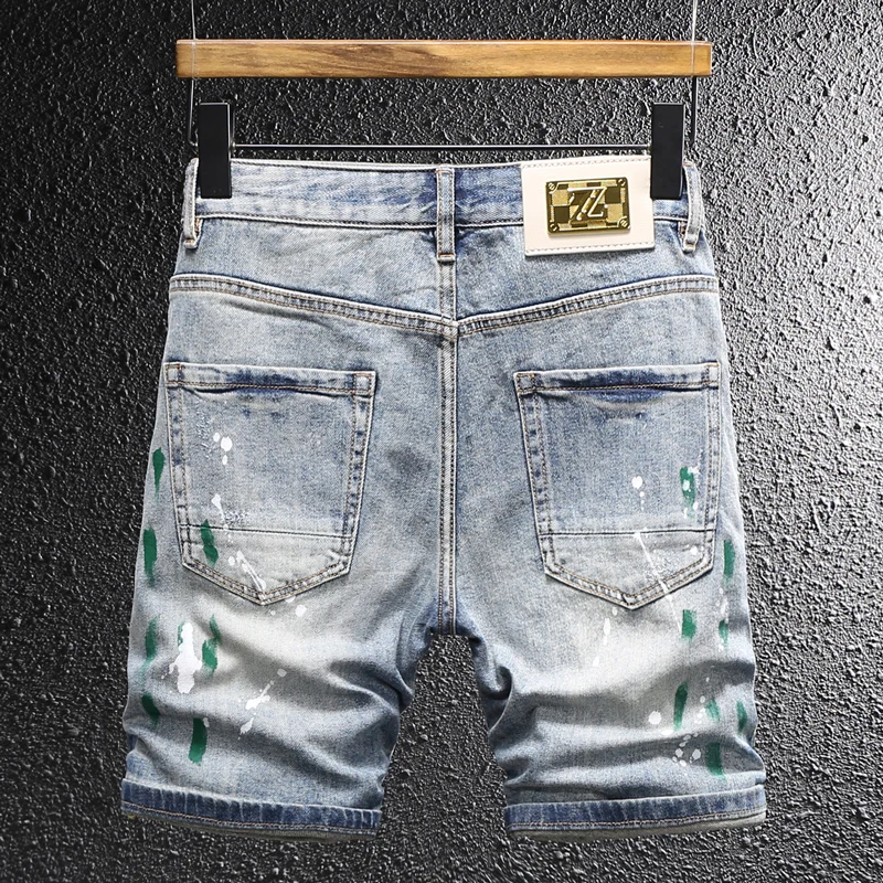 Fashion New Men's Denim Shorts Painted Scratches Washed Nostalgic Stretch Slimming Light Blue Shorts High Street Hip Hop Bra