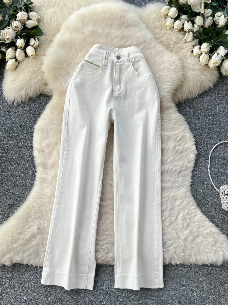 

Широкие джинсы с высокой талией, женские модные белые джинсовые свободные утягивающие осенние длинные брюки, эластичные микроэластичные брюки