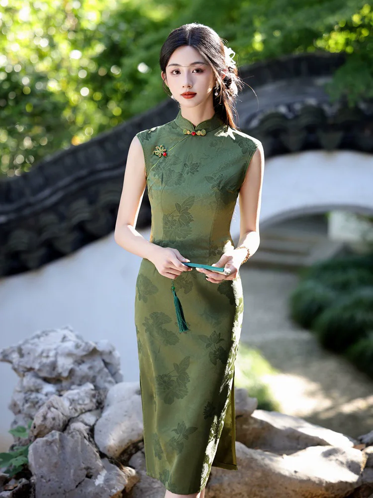 

Женское летнее улучшенное Ципао с зеленым принтом Cheongsam, длинное платье, женское традиционное китайское платье, Cheongsams с короткими рукавами