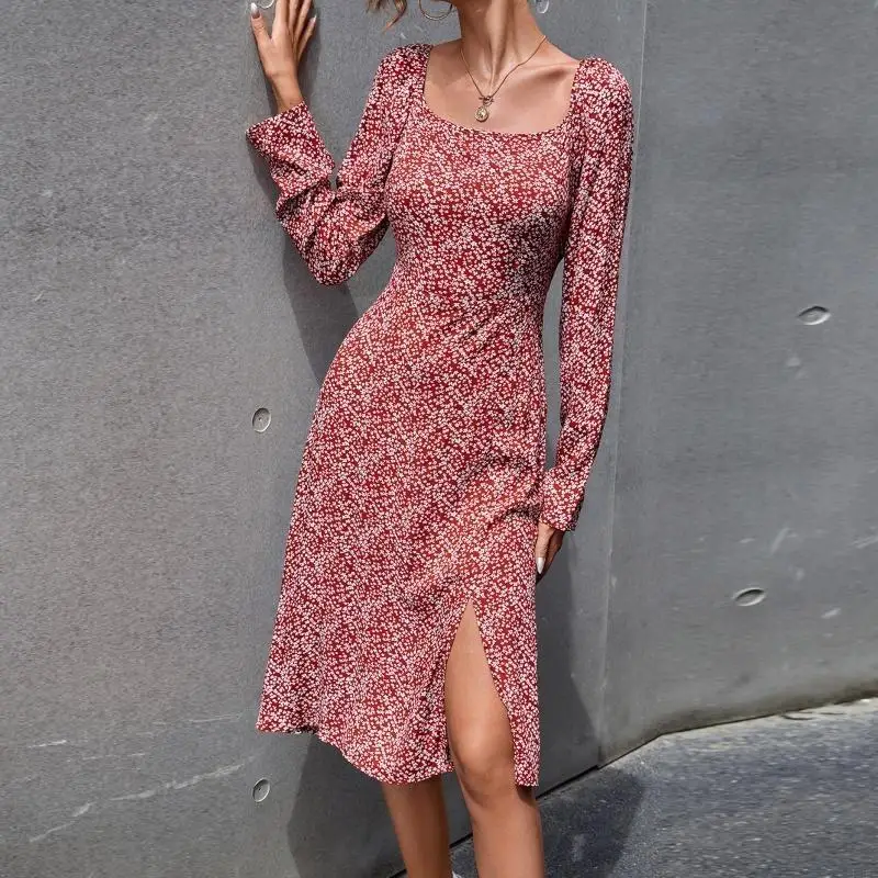 l38e-women-long-sleeve-square-neck-floral-print-waist-split-midi-long-dress