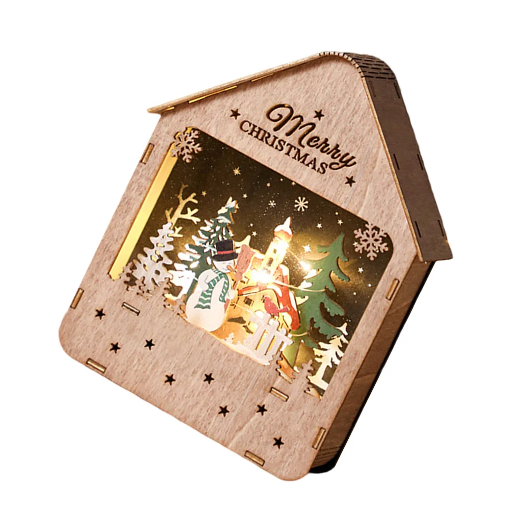 

1pc Wooden House Decor Christmas Holiday Ornament Shine Figurine Table Desk Miniature Model Craft Luminous Design