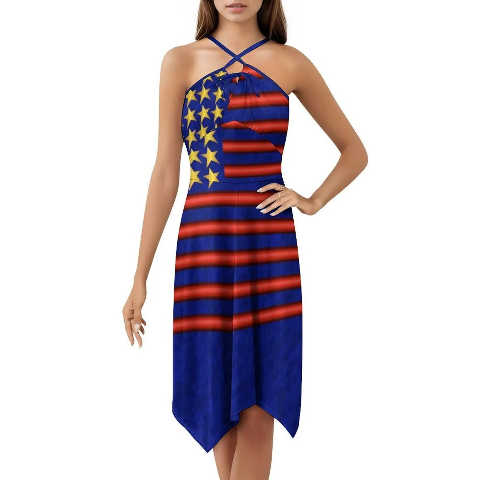 النجوم والمشارب (الولايات المتحدة الأمريكية 1) فستان على الطراز الكوري للنساء فستان كاجوال أنيق للحفلات أو الملابس اليومية نجوم وخطوط الولايات المتحدة الأمريكية