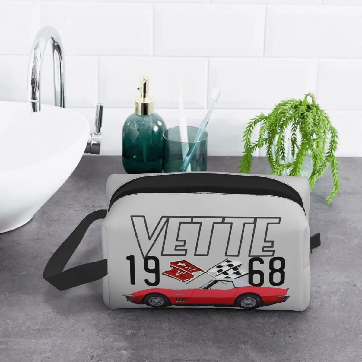 Bolsa de maquillaje para coche clásico, organizador de cosméticos, kit Dopp, bolsa de cosméticos, estuche para lápices, color rojo Corvette C3, 1968