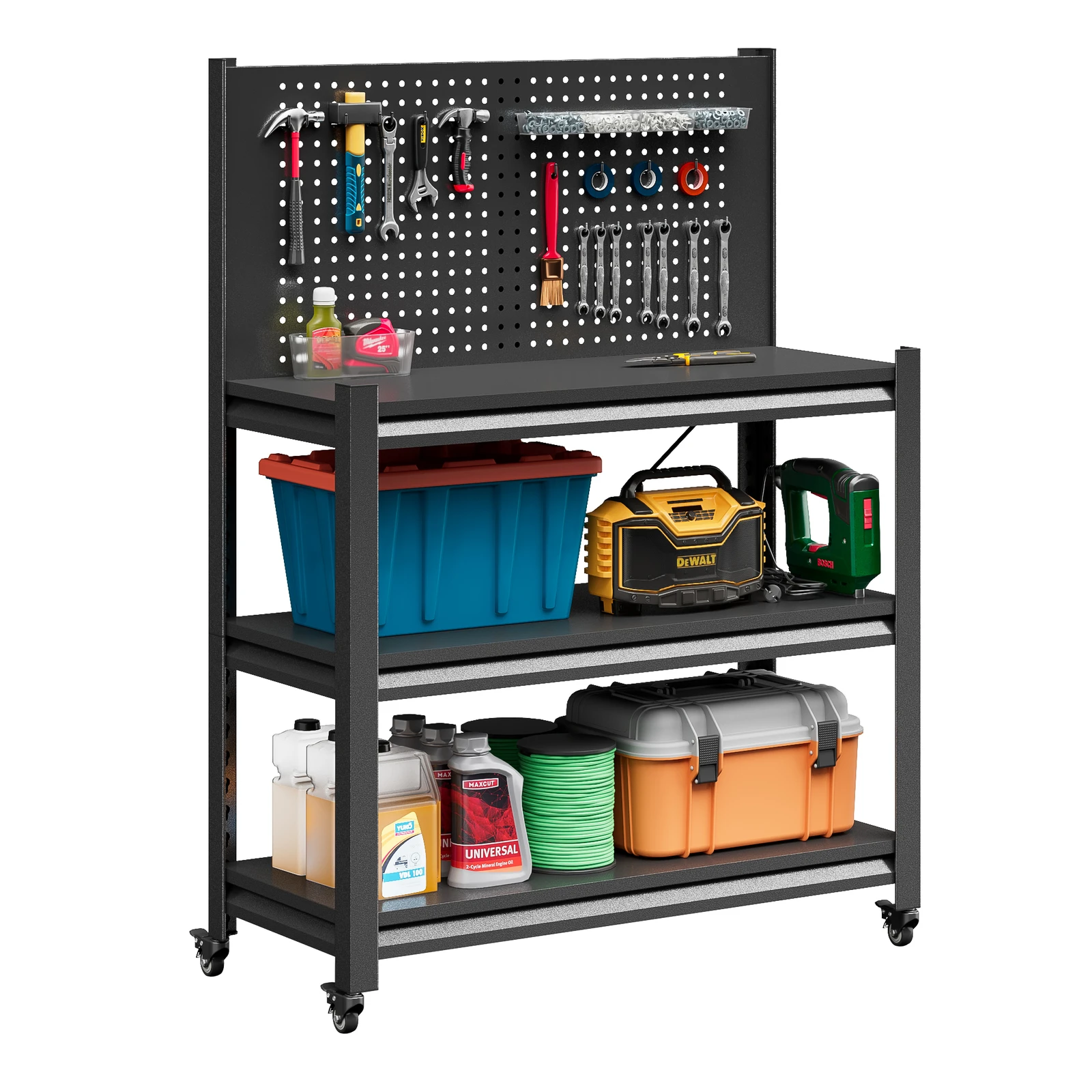 Garage Workbench Tool Storage Shelves w/Pegboard Metal Work Bench With 4 Wheels