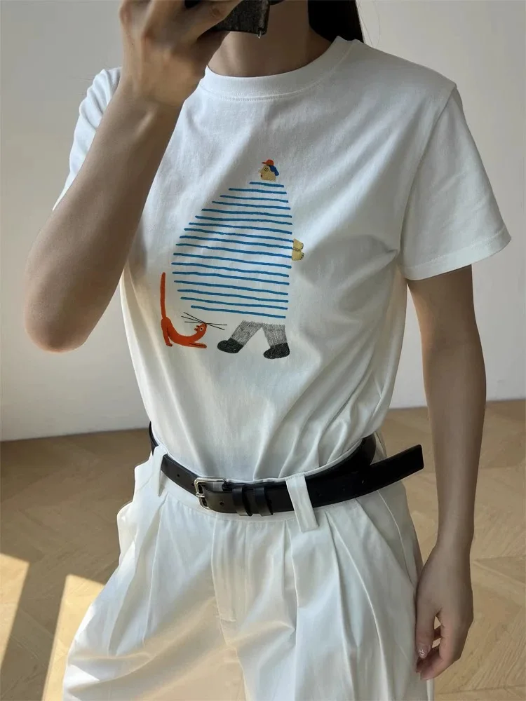 Korean Style Pure Cotton Short Sleeve T-Shirt Women's Loose Casual Print Top Summer New Fashion Shoulder Bore Hole Design