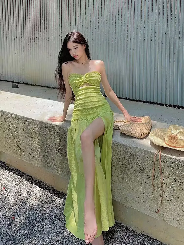 New Summer Long Strapless Holiday Dress Women Fashion Sexy Hollow Sexy Split Green Dress Seaside Resort Vacation Beach Dress