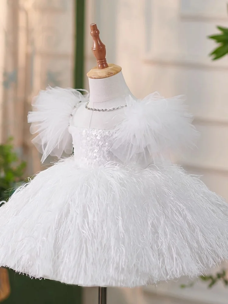 Vestido de casamento Shiny Feather Bow Tutu, vestido branco de princesa, vestidos infantis, Baby Birthday Party Dress, Crianças, Luxo, 2024