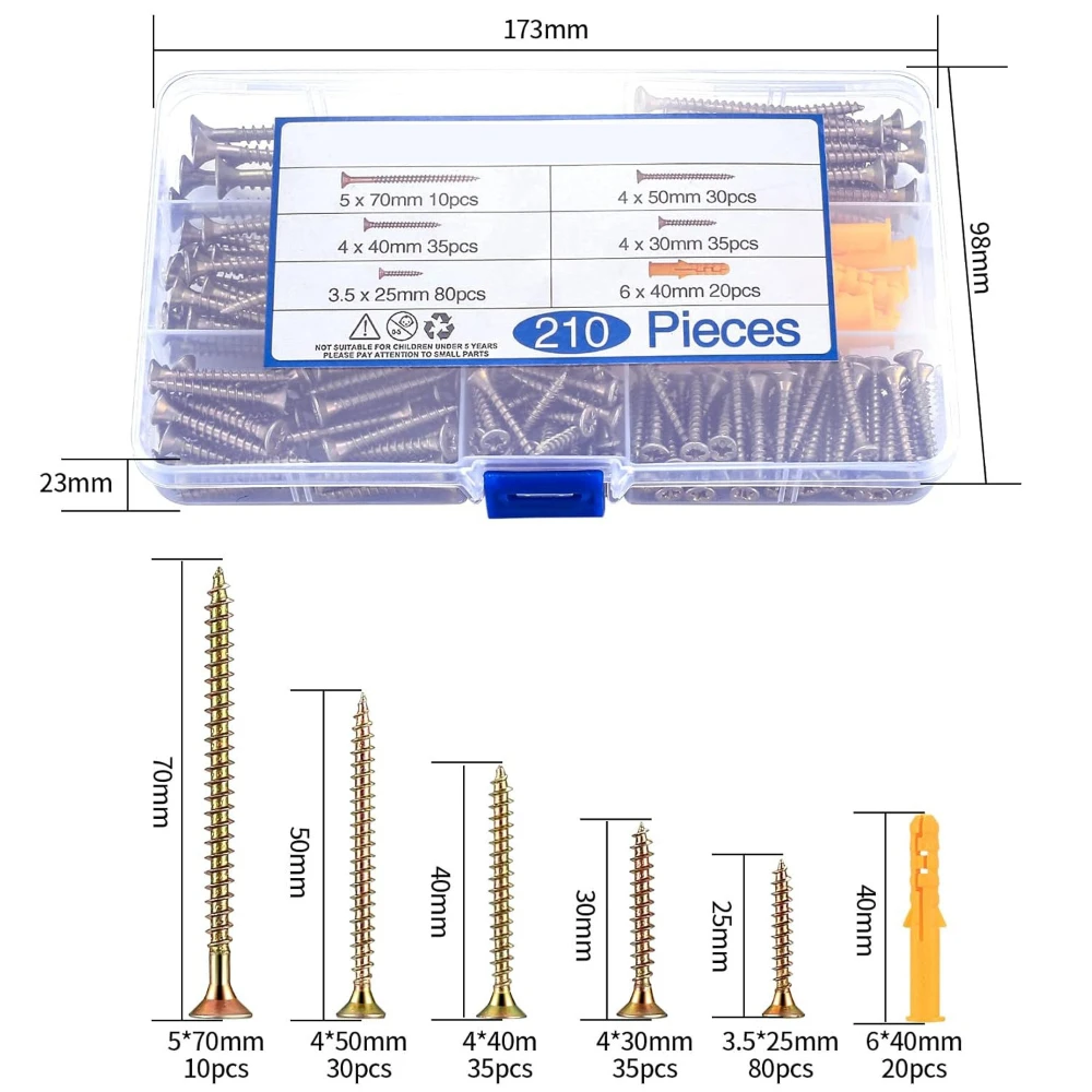 210pcs Carbon Steel Hardware Screws Gypsum Board Expansion Screws Set Anchor Screw Fiberboard Self-tapping Screws Box YB846(F)