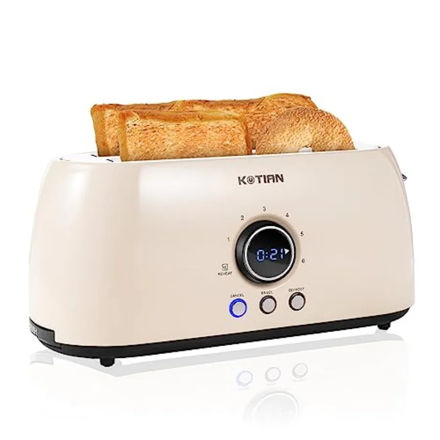 

4-Slice Retro Long Slot Toaster with Countdown Timer Stainless Steel White Bagel Defrost Reheat Cancel Functions Extra Wide Slo