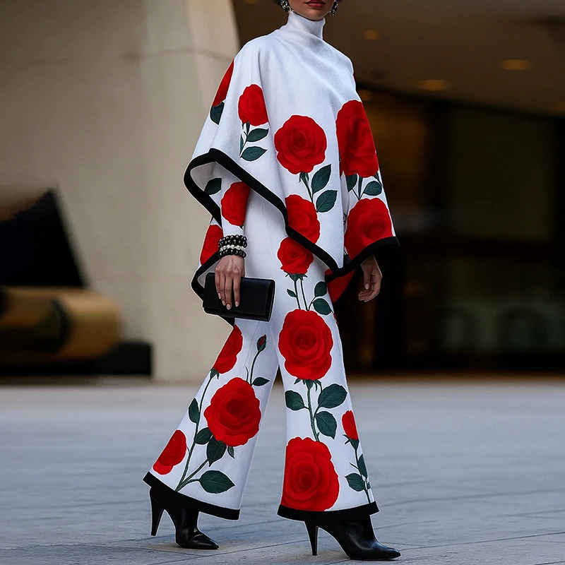 

Modigirl Women’s Autumn Winter Warm 2 Piece Pant Sets Flower Print High Neck Cape Loose Wide Leg Trousers Elegant Ladies Sets