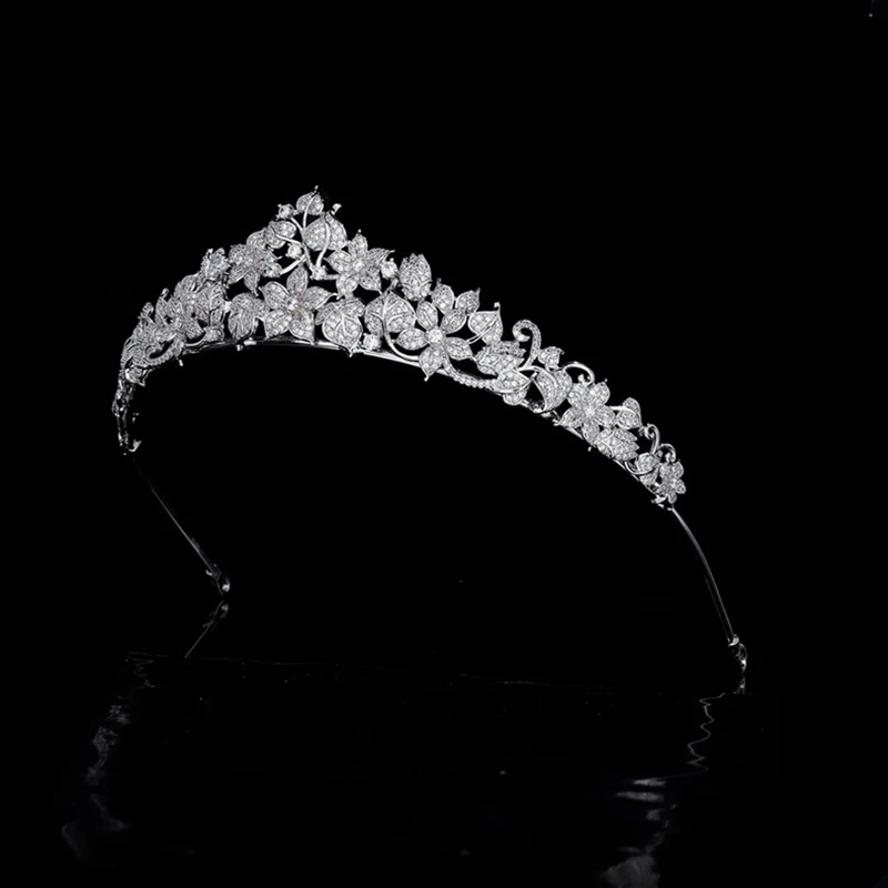 Himstory Lovely Floral Cubic Zircon Wedding Hair Crowns Headbands Evening Hairbands Brides Hair Accessories Prom Jewelry