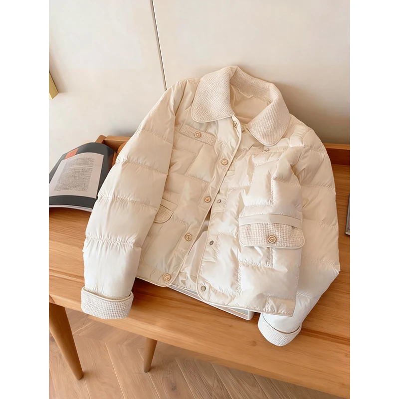 

Warm Casual White Collar Outerwear Simple Sle Women's Autumn Winter Cotton Jaet Long Sve Regular Length Color