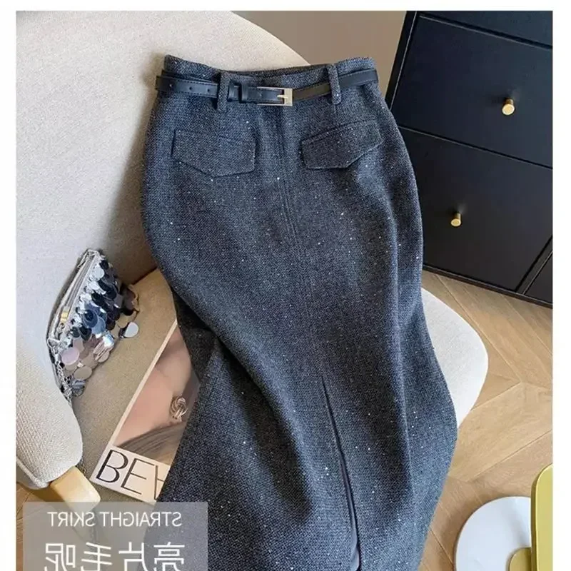 ใหม่หรูหราเลื่อมกระโปรงผู้หญิงฤดูใบไม้ผลิฤดูใบไม้ร่วงElegant HighเอวSlimแยกOffice Lady WoolenกระโปรงMidi Faldasเสื้อผ้า