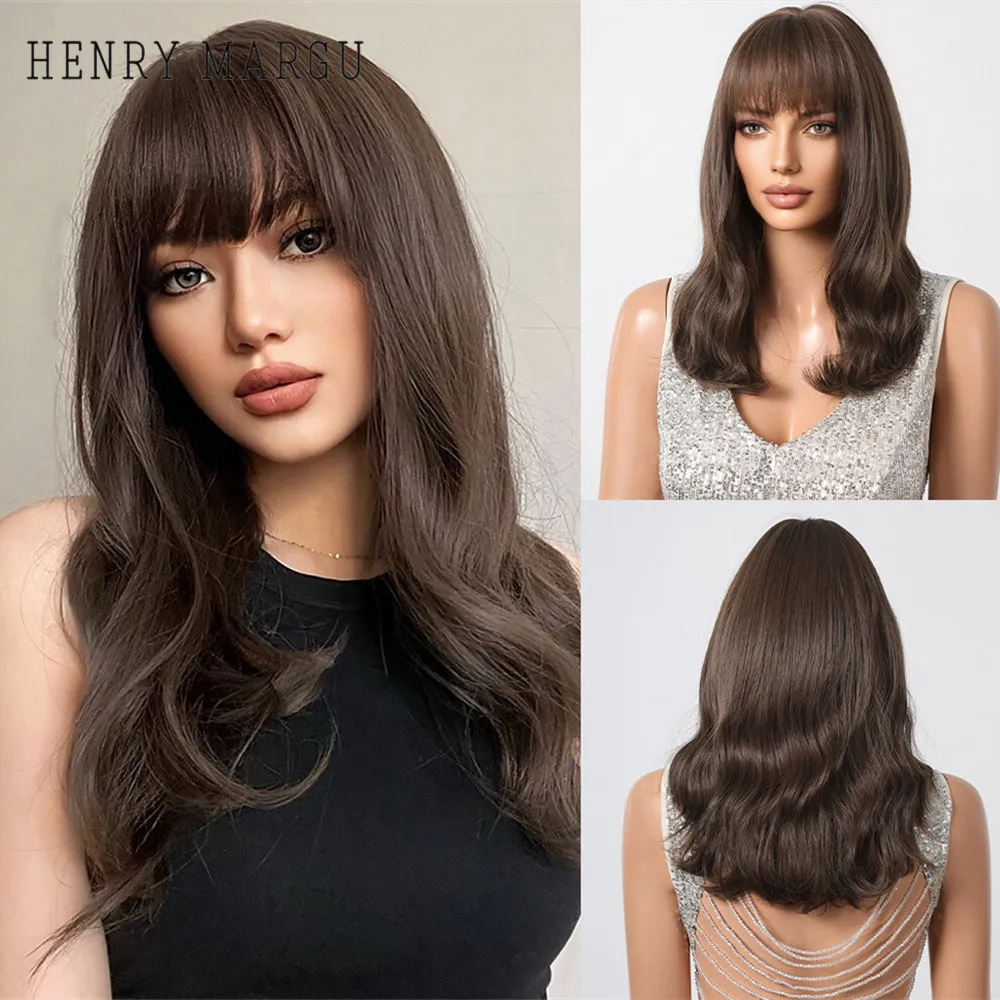 HENRY MARGU Brown Wavy Hair Synthetic Wigs with Bangs Medium Length Dark Brown Wig for Women Natural Looking Heat Resistant Wig