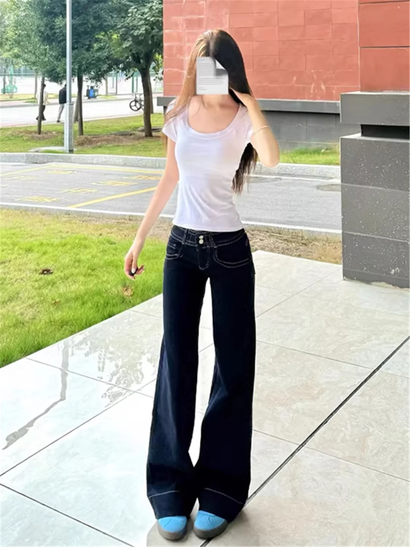 

American Retro Extended Flared Low Waist Jeans Women's Spring Autumn Slimming Design Sensation Floor-Length Pants