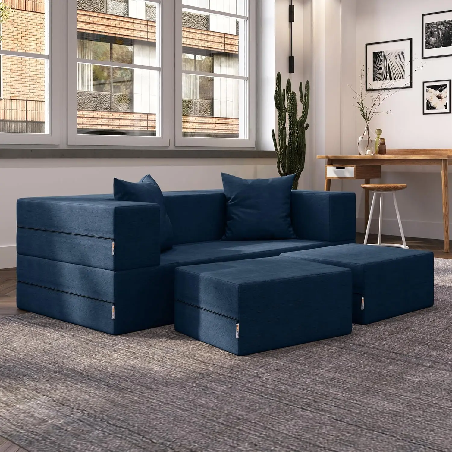 

Convertible Sleeper Loveseat & Ottomans Textured Microvelvet Indigo Multifunctional Machine Washable 61 X 37.5 X 22 Inches