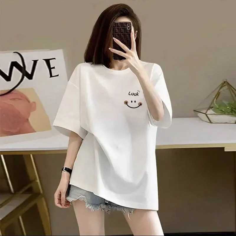 Summer New Pure Cotton Elegant Smiling Face T-shirt Women Clothing Fashion All-match O-neck Short Sleeve Top Lady Basic Pullover