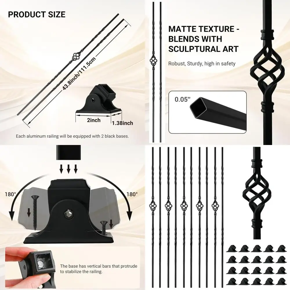 

10 Pack 44 Hollow Iron Balusters with Swivel Shoes for Staircase Interior Decorative Spindles