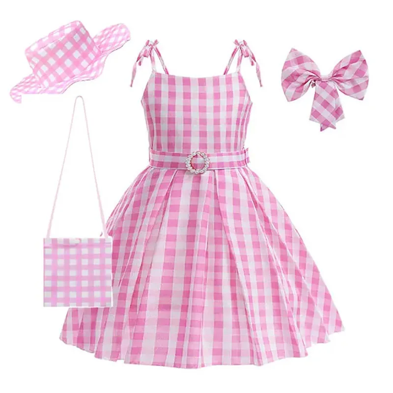 Hot Movie Costume for Girls Pink Plaid Kids Princess Dress Birthday Halloween Carnival Party Cosplay Vestidos Children Clothes