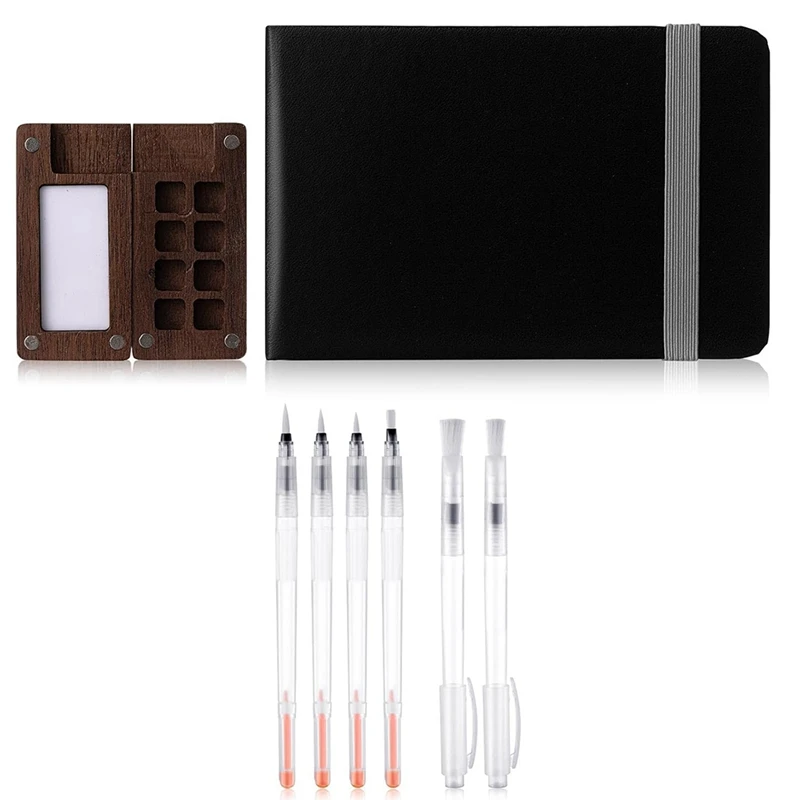 Mini Portable Watercolor Paint Set Travel Paint Palette Wooden Grid Paint Box, Pocket Watercolor Sketchbook Paper Pad