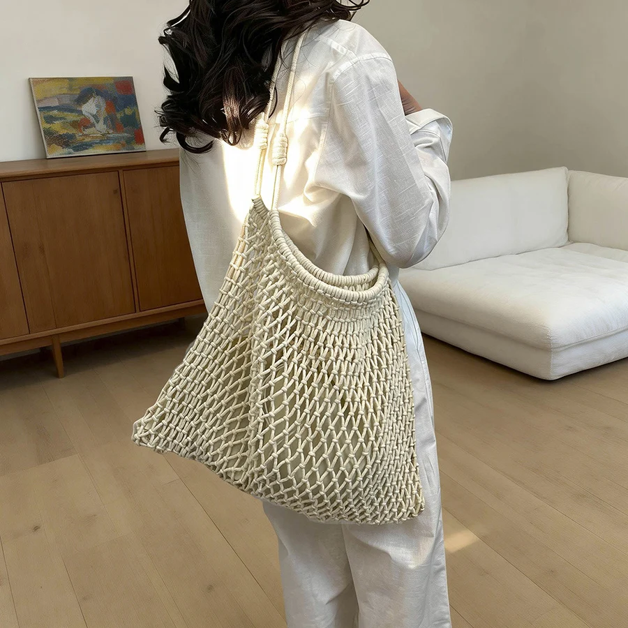 Handheld Foldable Shopping Cotton Mesh Bag, Reusable Fruit Mesh Shoulder Bag, Woven Mesh Pocket Hollowed Out Kitchen Storage Bag