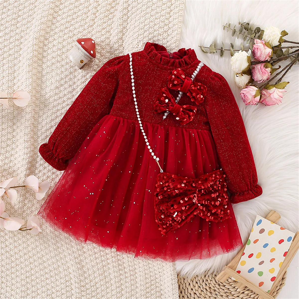 Girls' Christmas Outfit 2/Piece Winter Baby Fleece Dress+Bag Children'S Red Party Birthday Princess Mesh Children'S Clothing