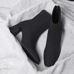 2024 New Autumn Winter Ankle Women High Heel Boots Fashion Thick Short  Square  Black