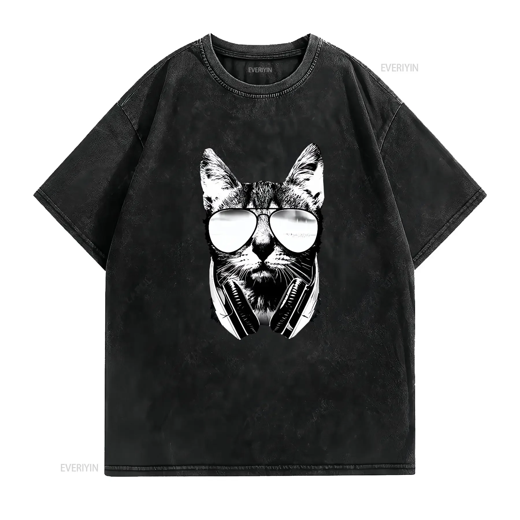 Gravity Trading Mens Cool DJ Cat Solar Color Changing T Shirt Sun vintage Washed Slightly designer clothes Versatile Unisex